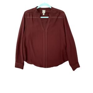 Burgandy Wine Pop Over Blouse Semi Sheer Long Sleeve Women's Size M